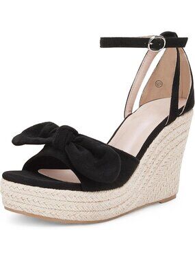 Women's Black Wedge Platform Sandals Bowknot Espadrille Ankle Strap Summer Heels